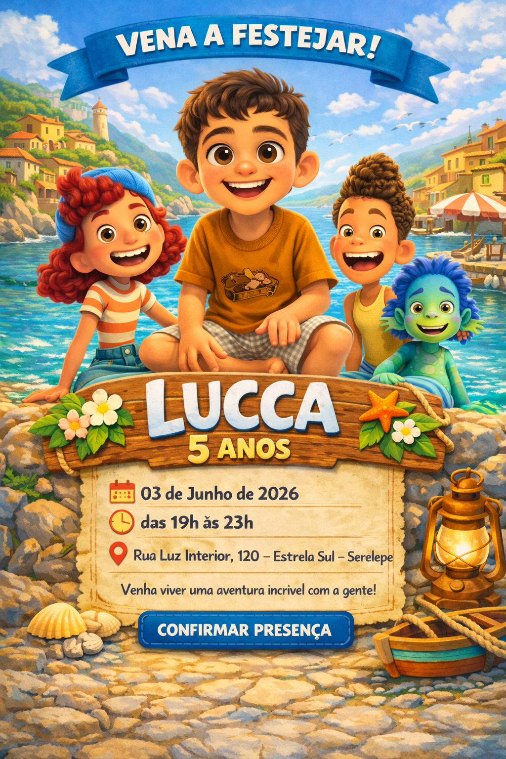 Arte do convite do aniversário do Lucca